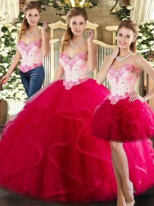 Best Selling Hot Pink Three Pieces Beading and Ruffles Quinceanera Dress Lace Up Organza Sleeveless Floor Length