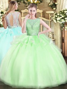 Sleeveless Organza Floor Length Backless Quinceanera Gowns in with Lace
