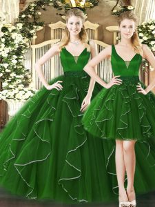 Dark Green Tulle Lace Up Straps Sleeveless Floor Length Ball Gown Prom Dress Ruffles