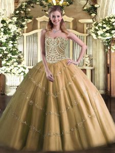 Brown Sleeveless Beading Floor Length Ball Gown Prom Dress