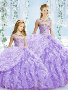 Trendy Lavender Sleeveless Organza Lace Up Quince Ball Gowns for Military Ball and Sweet 16 and Quinceanera