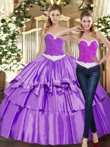 Comfortable Sweetheart Sleeveless Quinceanera Dresses Floor Length Appliques and Ruffles Eggplant Purple Organza