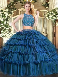 Charming Tulle High-neck Sleeveless Zipper Beading and Ruffled Layers 15 Quinceanera Dress in Teal