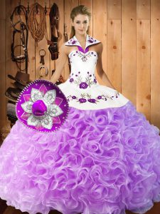 Beauteous Lilac Ball Gowns Fabric With Rolling Flowers Halter Top Sleeveless Embroidery Floor Length Lace Up Quince Ball Gowns