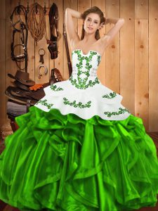 Lace Up Strapless Embroidery and Ruffles Quince Ball Gowns Satin and Organza Sleeveless