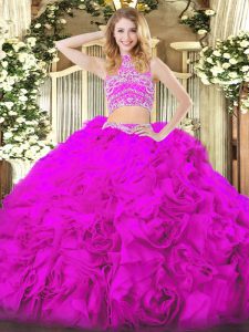 Sleeveless Tulle Floor Length Backless Sweet 16 Dress in Fuchsia with Beading and Ruffles