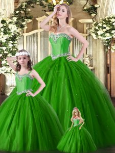 Top Selling Floor Length Lace Up Sweet 16 Dresses Green for Military Ball and Sweet 16 and Quinceanera with Beading