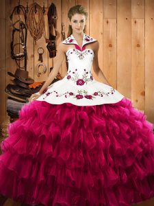 Halter Top Sleeveless Satin and Organza Sweet 16 Dress Embroidery and Ruffled Layers Lace Up