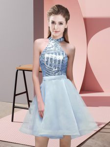 Light Blue Backless Halter Top Sequins Quinceanera Dama Dress Chiffon Sleeveless