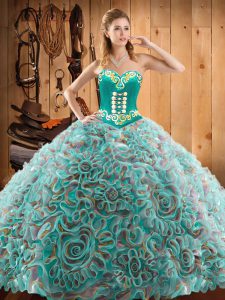 Sweetheart Sleeveless Satin and Fabric With Rolling Flowers Sweet 16 Dresses Embroidery Sweep Train Lace Up