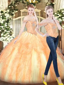 Inexpensive Gold Organza Lace Up Quinceanera Gown Sleeveless Floor Length Beading and Ruffles