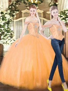 Floor Length Orange Red Quinceanera Gown Organza Sleeveless Beading and Ruffles