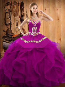 Deluxe Organza Sweetheart Sleeveless Lace Up Embroidery and Ruffles Quinceanera Gowns in Fuchsia