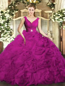 Free and Easy Fuchsia Quinceanera Gown Sweet 16 and Quinceanera with Beading and Ruching V-neck Sleeveless Backless