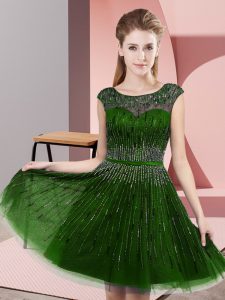 Green Empire Beading Dress for Prom Backless Tulle Sleeveless Knee Length