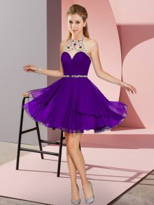 Elegant Chiffon Halter Top Sleeveless Zipper Beading Evening Dress in Purple