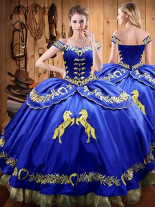 Most Popular Royal Blue Quinceanera Gown Sweet 16 and Quinceanera with Beading and Embroidery Off The Shoulder Sleeveless Lace Up
