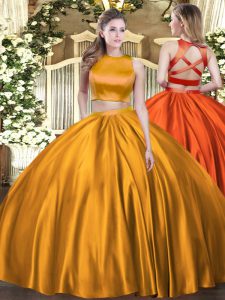 Orange Ball Gowns High-neck Sleeveless Tulle Floor Length Criss Cross Ruching Sweet 16 Dress