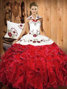 White And Red Satin and Organza Lace Up Halter Top Sleeveless Floor Length Quinceanera Gowns Embroidery and Ruffles