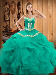 Turquoise 15th Birthday Dress Military Ball and Sweet 16 and Quinceanera with Embroidery and Ruffles Sweetheart Sleeveless Lace Up