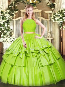 Suitable Floor Length Zipper Quince Ball Gowns Yellow Green for Military Ball and Sweet 16 and Quinceanera with Ruffled Layers