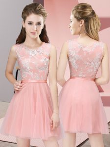 Simple Baby Pink Sleeveless Mini Length Lace Side Zipper Quinceanera Court Dresses