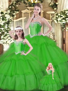 Cheap Green Organza Lace Up Quinceanera Gowns Sleeveless Floor Length Beading and Ruffled Layers