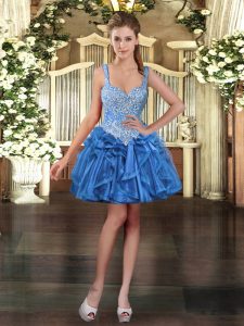 Modern Blue Lace Up Straps Beading and Ruffles Dress for Prom Organza Sleeveless