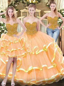 Discount Peach Ball Gowns Beading and Ruffled Layers Sweet 16 Quinceanera Dress Lace Up Tulle Sleeveless Floor Length