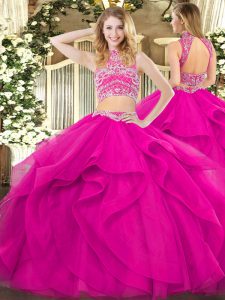 High-neck Sleeveless Backless Quince Ball Gowns Fuchsia Tulle