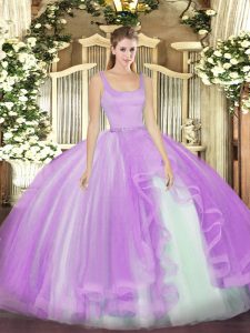 Lavender Ball Gowns Straps Sleeveless Tulle Floor Length Zipper Beading Quinceanera Gown