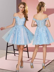 Off The Shoulder Sleeveless Dama Dress for Quinceanera Mini Length Appliques Light Blue Tulle