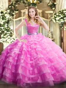 Lilac Ball Gowns V-neck Sleeveless Organza Floor Length Zipper Ruffled Layers Ball Gown Prom Dress