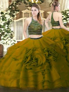 Olive Green Quinceanera Dress Military Ball and Sweet 16 and Quinceanera with Beading and Ruffled Layers Halter Top Sleeveless Zipper