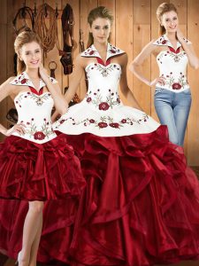 Fine Halter Top Sleeveless Organza Vestidos de Quinceanera Embroidery and Ruffles Lace Up