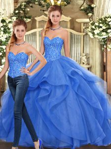 Perfect Blue Sleeveless Organza Lace Up Quince Ball Gowns for Military Ball and Sweet 16 and Quinceanera
