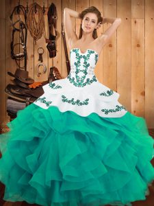 Turquoise Ball Gowns Embroidery and Ruffles Vestidos de Quinceanera Lace Up Satin and Organza Sleeveless Floor Length