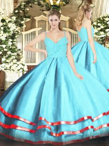 High End Floor Length Ball Gowns Sleeveless Aqua Blue Sweet 16 Dresses Zipper