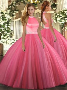 Sleeveless Floor Length Beading Backless Sweet 16 Quinceanera Dress with Coral Red