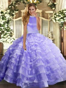 Lavender Backless Halter Top Beading and Ruffled Layers Sweet 16 Dresses Organza Sleeveless