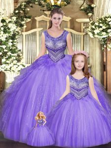 New Arrival Eggplant Purple Ball Gowns Tulle Scoop Sleeveless Beading and Ruffles Floor Length Lace Up Sweet 16 Dress
