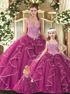 Fitting Beading and Ruffles Vestidos de Quinceanera Fuchsia Lace Up Sleeveless Floor Length