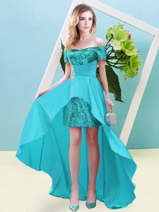 Off The Shoulder Short Sleeves Prom Gown High Low Beading Aqua Blue Elastic Woven Satin and Sequined