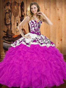 Fuchsia Lace Up Ball Gown Prom Dress Embroidery and Ruffles Sleeveless Floor Length