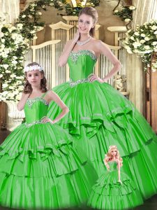 Exquisite Floor Length Lace Up Quinceanera Gowns Green for Military Ball and Sweet 16 and Quinceanera with Beading and Ruffled Layers