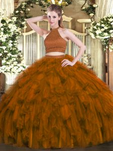 Amazing Ball Gowns Vestidos de Quinceanera Brown Halter Top Organza Sleeveless Floor Length Backless