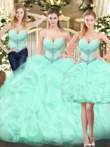 Charming Apple Green Organza Lace Up Vestidos de Quinceanera Sleeveless Floor Length Ruffles