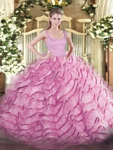 Fantastic Straps Sleeveless Brush Train Zipper Quinceanera Gown Rose Pink Organza