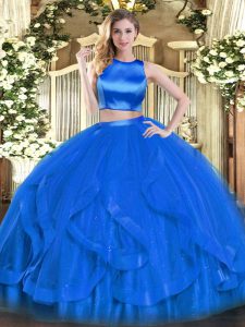Sleeveless Floor Length Ruffles Criss Cross Sweet 16 Dresses with Blue