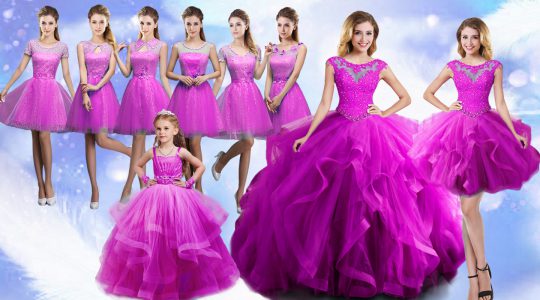 Fine Sleeveless Floor Length Beading and Ruffles Lace Up Quinceanera Gowns with Fuchsia